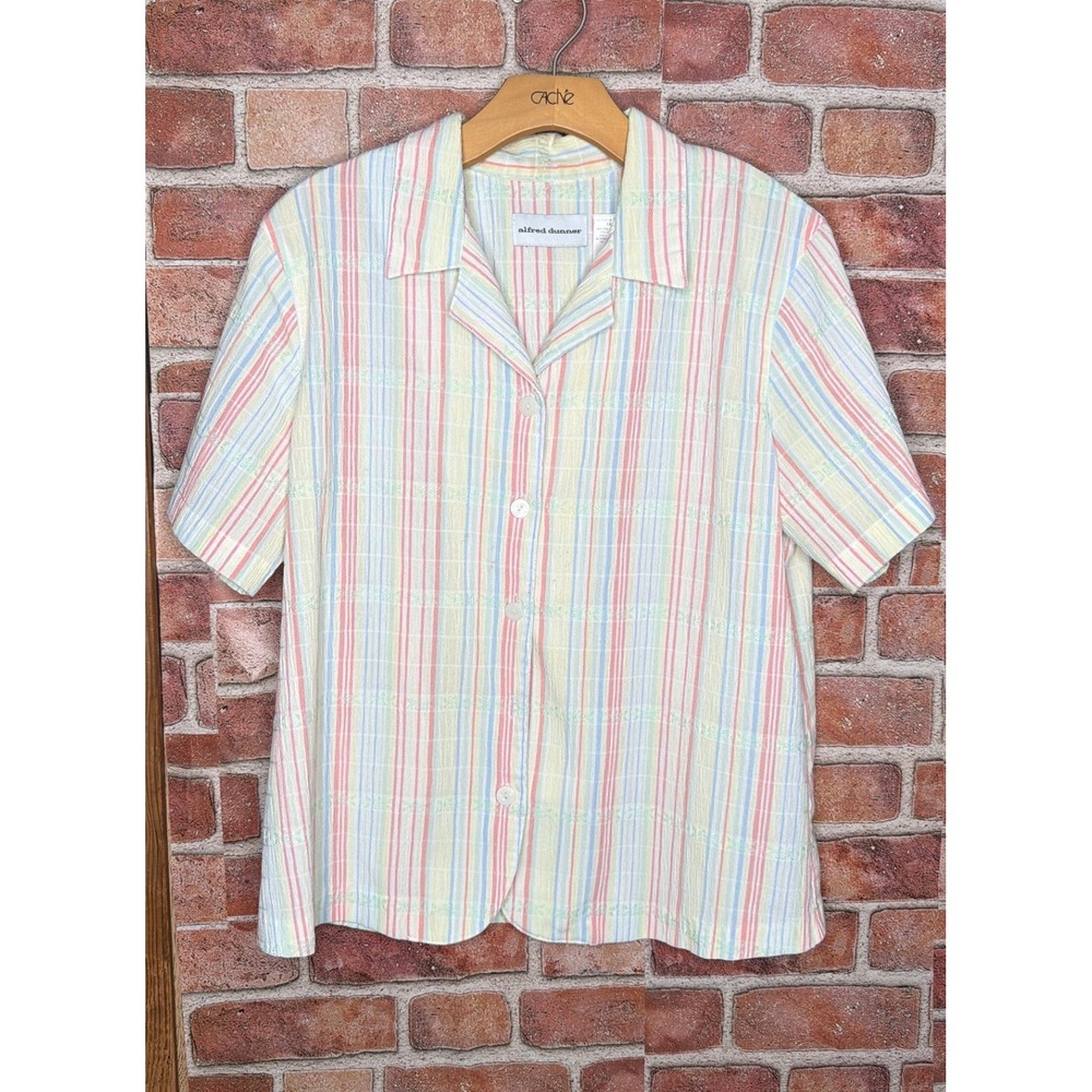 Alfred Dunner Pastel Stripe Seersucker Button Down Shirt Womens 12 Short Sleeve